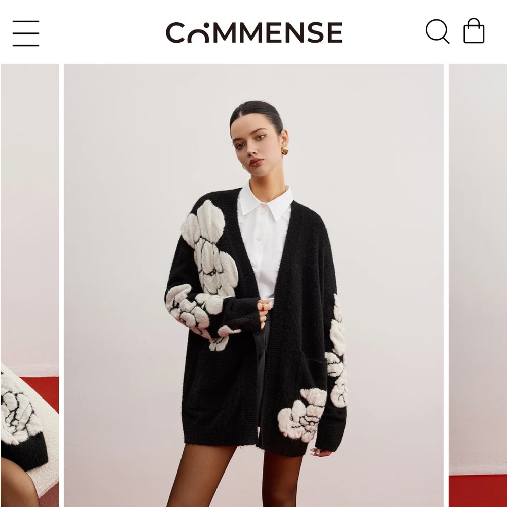 Commense Black and White Floral Cardigan